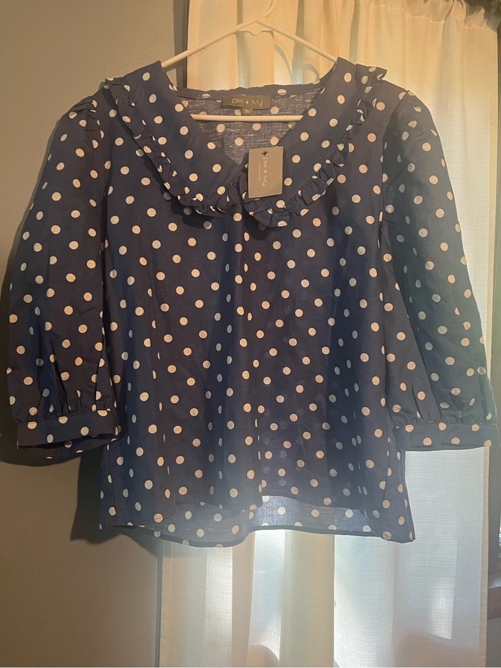 Navy Polka Dot Ruffle Collar Blouse - DKNY